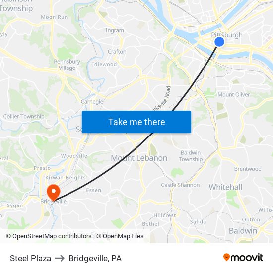 Steel Plaza to Bridgeville, PA map