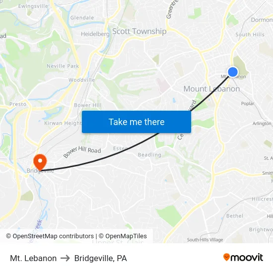 Mt. Lebanon to Bridgeville, PA map
