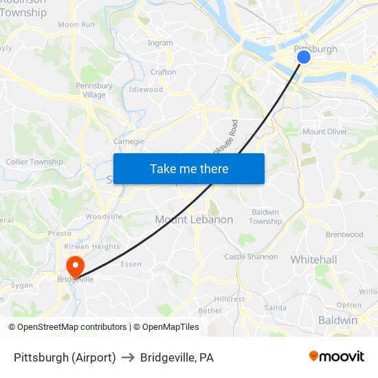 Pittsburgh (Airport) to Bridgeville, PA map