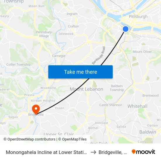 Monongahela Incline at Lower Station to Bridgeville, PA map