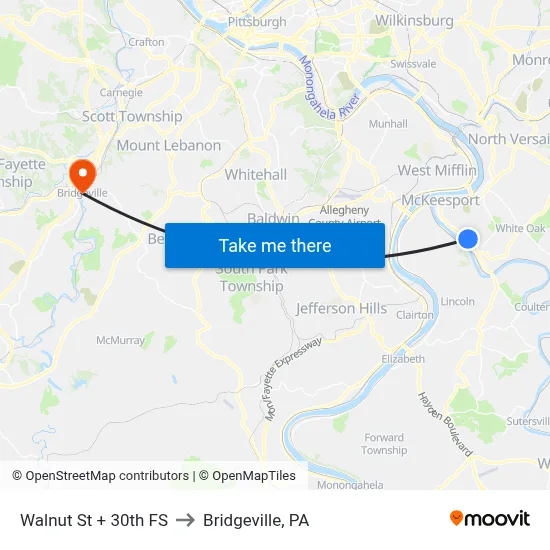 Walnut St + 30th FS to Bridgeville, PA map