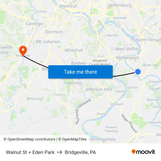 Walnut St + Eden Park to Bridgeville, PA map