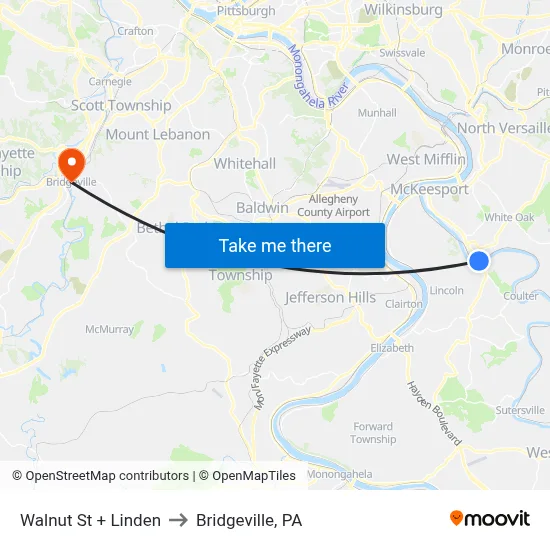 Walnut St + Linden to Bridgeville, PA map