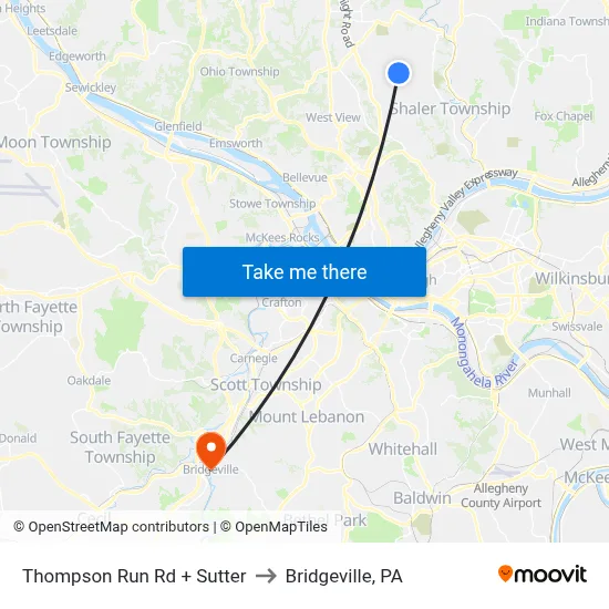 Thompson Run Rd + Sutter to Bridgeville, PA map