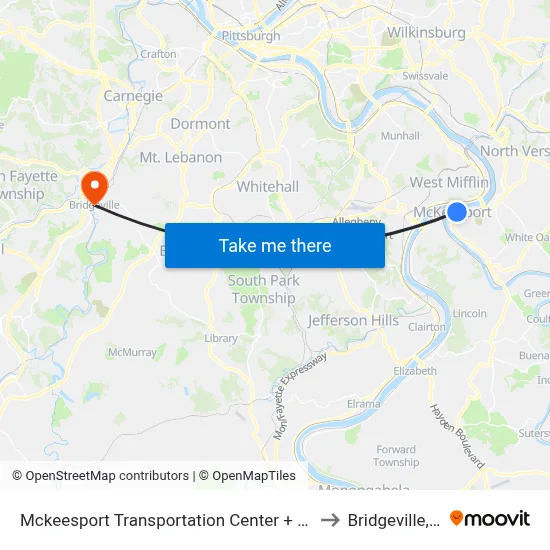 Mckeesport Transportation Center + Bay #4 to Bridgeville, PA map