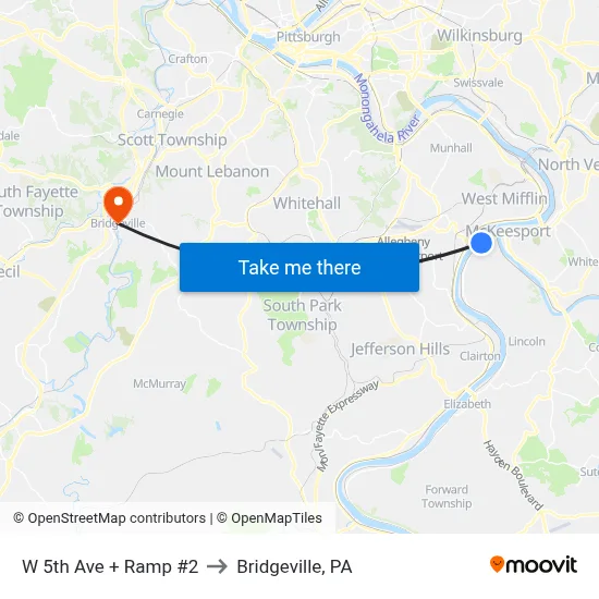 W 5th Ave + Ramp #2 to Bridgeville, PA map