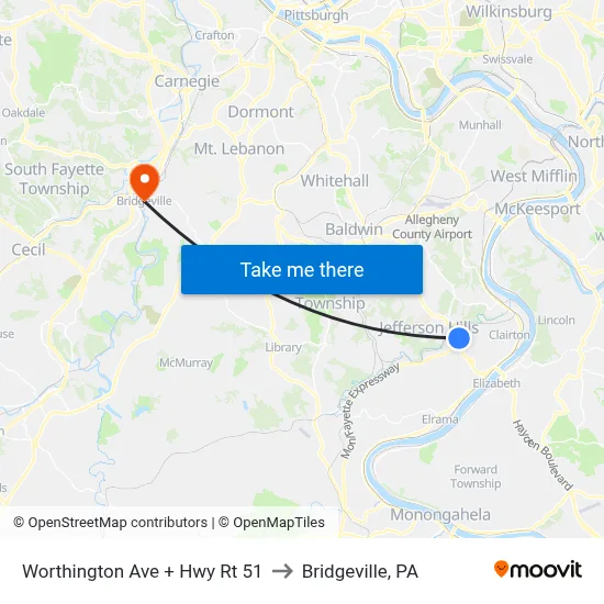 Worthington Ave + Hwy Rt 51 to Bridgeville, PA map
