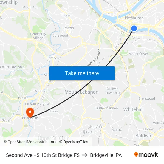 Second Ave +S 10th St Bridge FS to Bridgeville, PA map