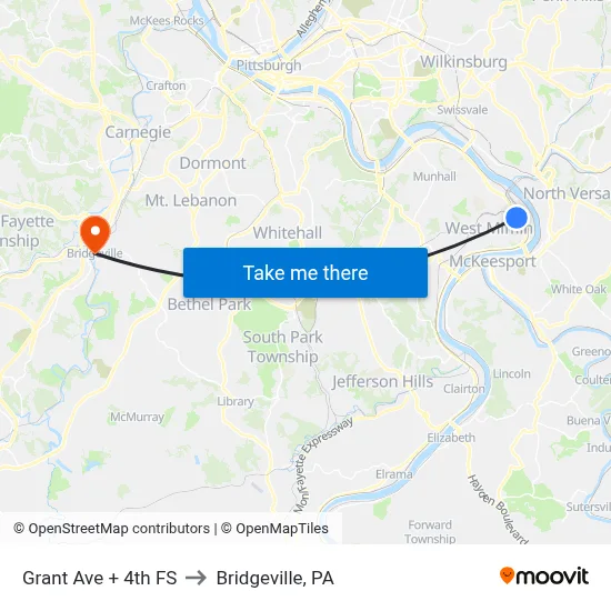 Grant Ave + 4th FS to Bridgeville, PA map