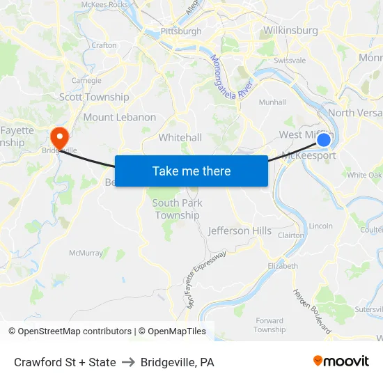 Crawford St + State to Bridgeville, PA map