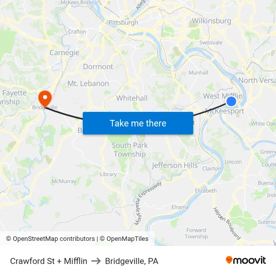 Crawford St + Mifflin to Bridgeville, PA map