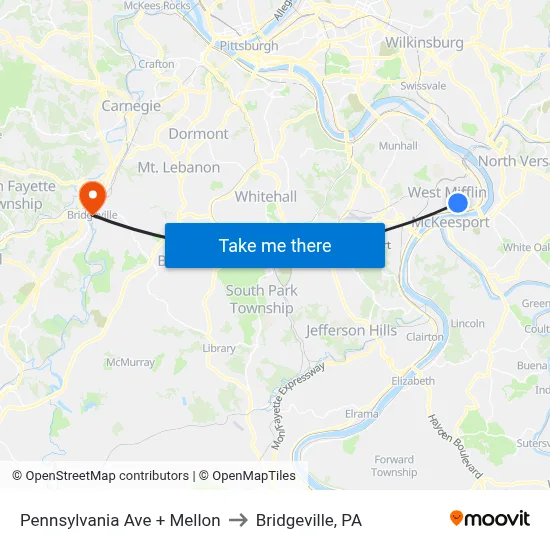 Pennsylvania Ave + Mellon to Bridgeville, PA map
