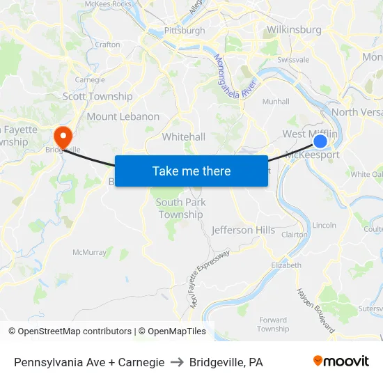 Pennsylvania Ave + Carnegie to Bridgeville, PA map