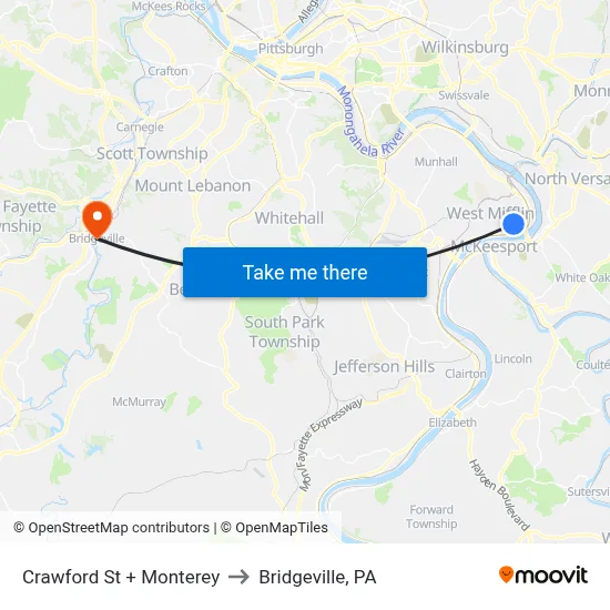 Crawford St + Monterey to Bridgeville, PA map