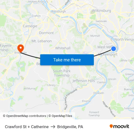 Crawford St + Catherine to Bridgeville, PA map