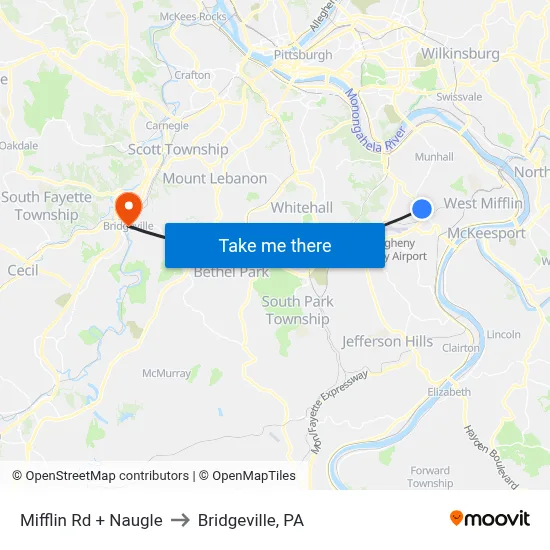 Mifflin Rd + Naugle to Bridgeville, PA map