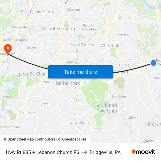 Hwy Rt 885 + Lebanon Church FS to Bridgeville, PA map