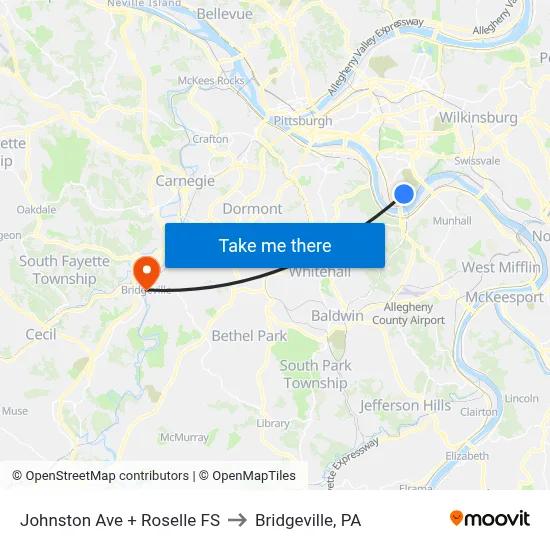 Johnston Ave + Roselle FS to Bridgeville, PA map