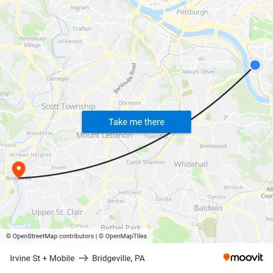 Irvine St + Mobile to Bridgeville, PA map