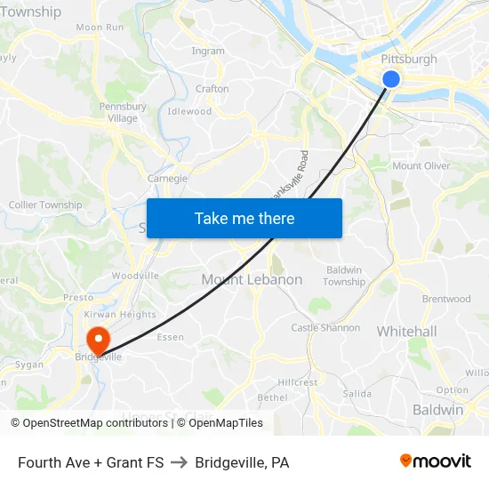 Fourth Ave + Grant FS to Bridgeville, PA map