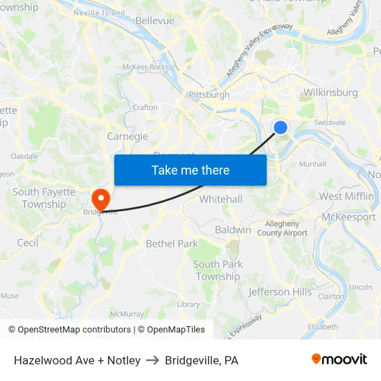 Hazelwood Ave + Notley to Bridgeville, PA map
