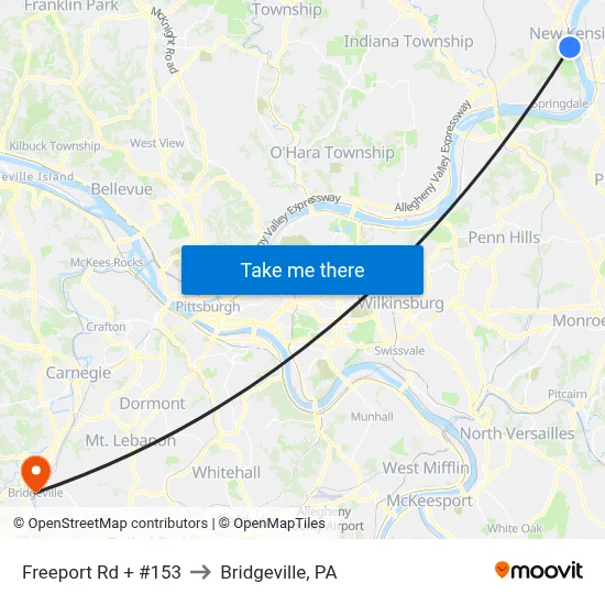 Freeport Rd + #153 to Bridgeville, PA map