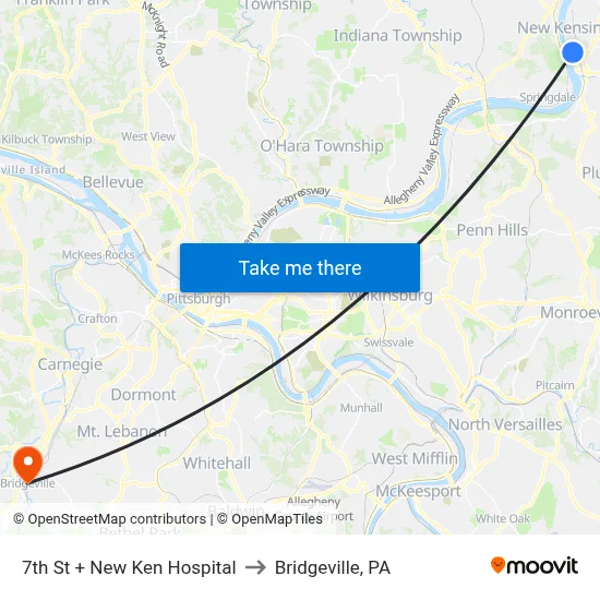 7th St + New Ken Hospital to Bridgeville, PA map