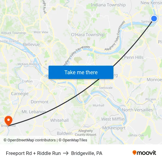 Freeport Rd + Riddle Run to Bridgeville, PA map