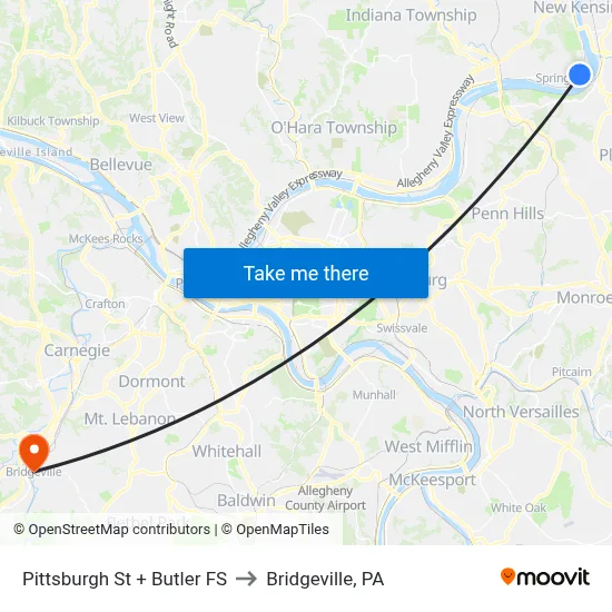 Pittsburgh St + Butler FS to Bridgeville, PA map