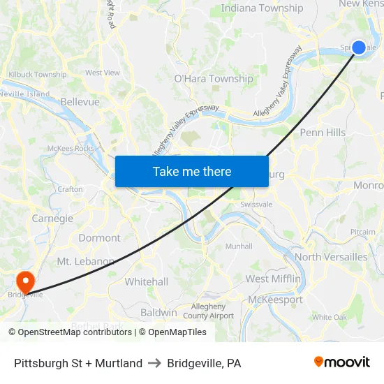 Pittsburgh St + Murtland to Bridgeville, PA map