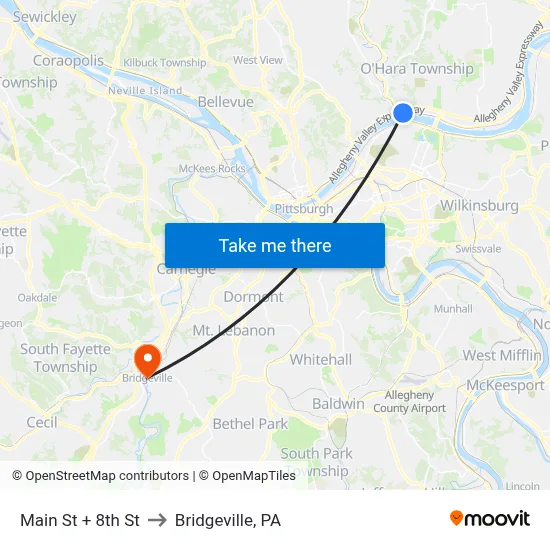 Main St + 8th St to Bridgeville, PA map