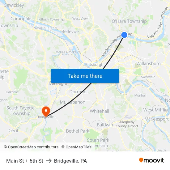 Main St + 6th St to Bridgeville, PA map