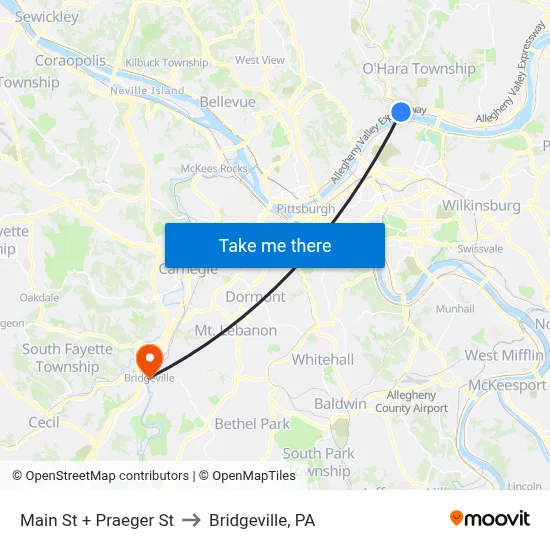 Main St + Praeger St to Bridgeville, PA map