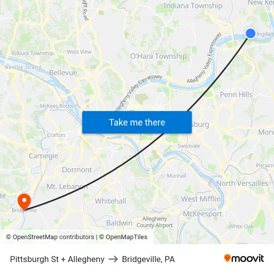 Pittsburgh St + Allegheny to Bridgeville, PA map