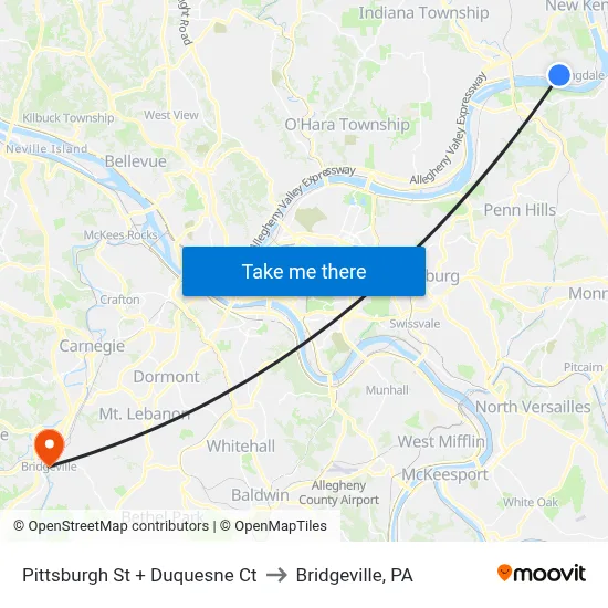 Pittsburgh St + Duquesne Ct to Bridgeville, PA map