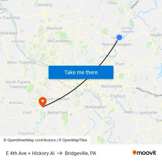 E 4th Ave + Hickory Al to Bridgeville, PA map