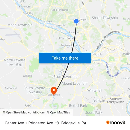 Center Ave + Princeton Ave to Bridgeville, PA map