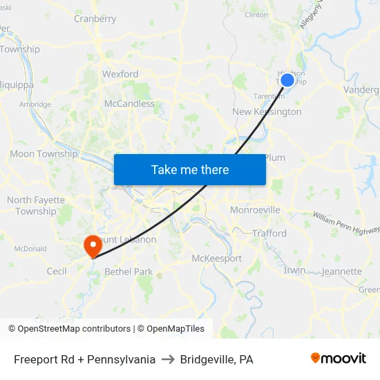 Freeport Rd + Pennsylvania to Bridgeville, PA map
