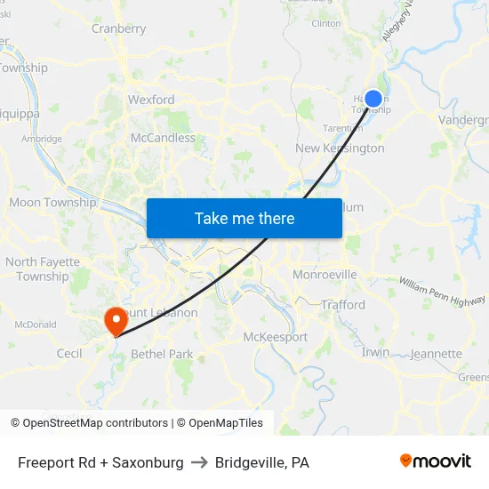 Freeport Rd + Saxonburg to Bridgeville, PA map