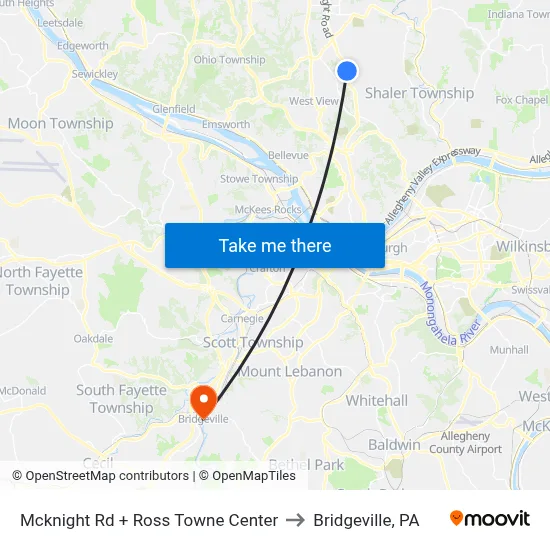 Mcknight Rd + Ross Towne Center to Bridgeville, PA map