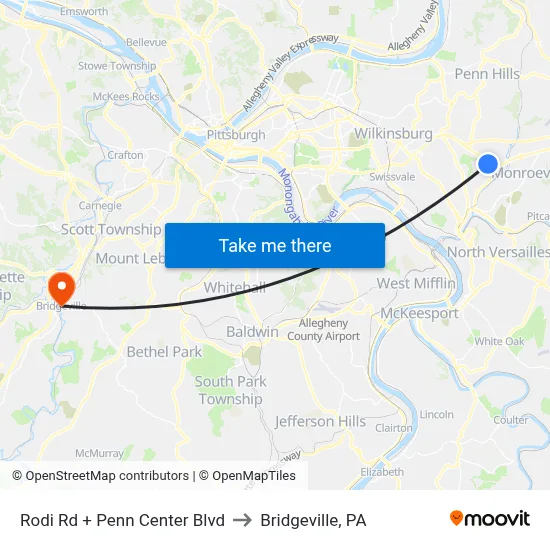 Rodi Rd + Penn Center Blvd to Bridgeville, PA map