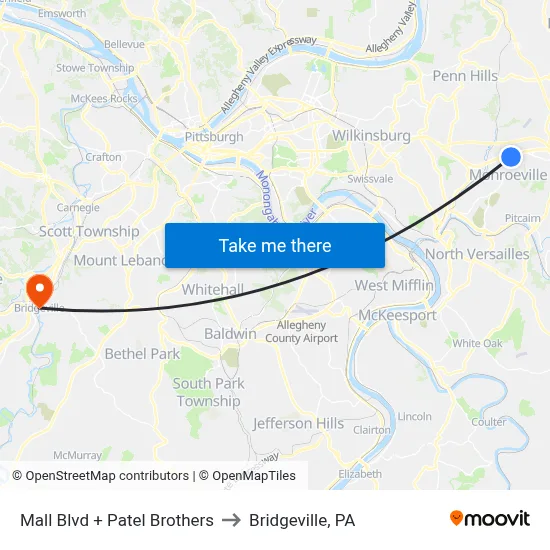 Mall Blvd + Patel Brothers to Bridgeville, PA map