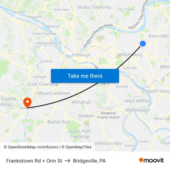 Frankstown Rd + Orin St to Bridgeville, PA map