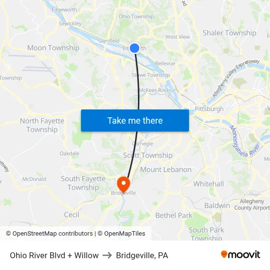 Ohio River Blvd + Willow to Bridgeville, PA map