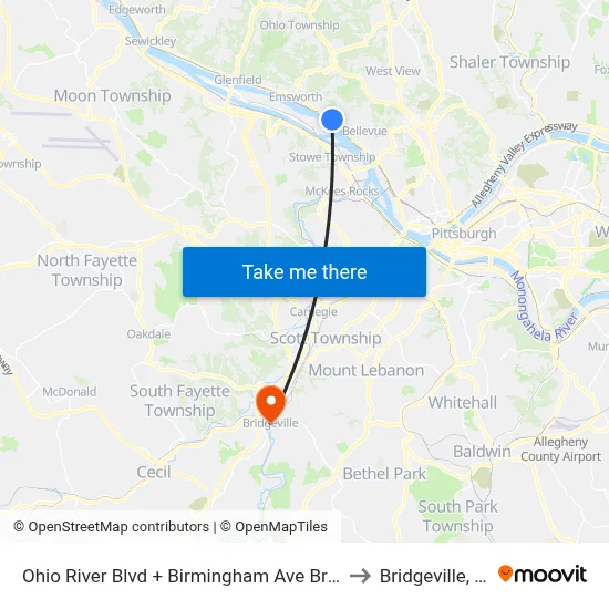 Ohio River Blvd + Birmingham Ave Bridge to Bridgeville, PA map