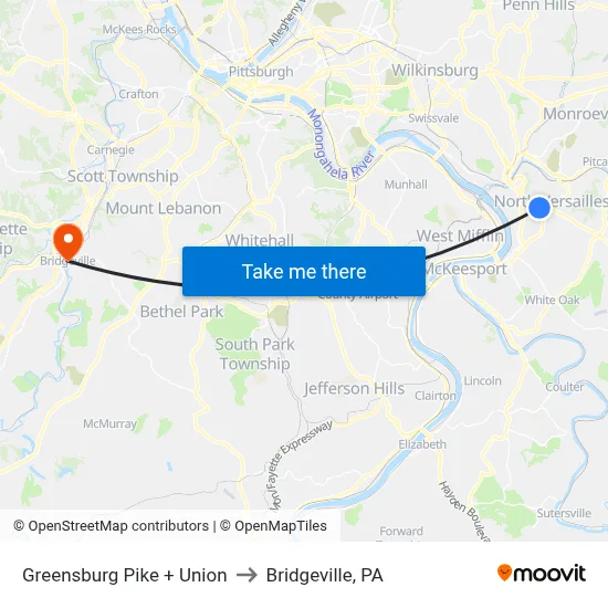 Greensburg Pike + Union to Bridgeville, PA map
