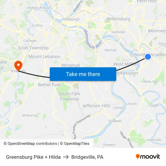 Greensburg Pike + Hilda to Bridgeville, PA map