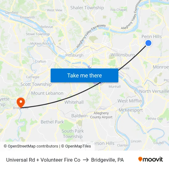 Universal Rd + Volunteer Fire Co to Bridgeville, PA map