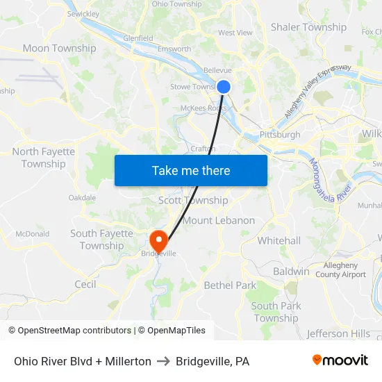 Ohio River Blvd + Millerton to Bridgeville, PA map