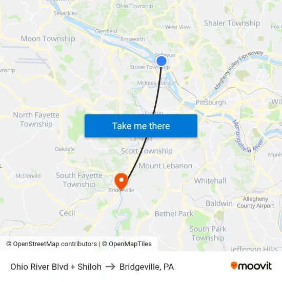 Ohio River Blvd + Shiloh to Bridgeville, PA map